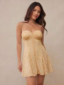 Spring Floral Printed Pointelle Knit & Boho Ruffle Lace Sweetheart Neck Cute Bow Tie Front Smocked Back Strapless A-Line Mini Dress Summer Western Cowgirl Music Concert Outfit - Light Yellow - View 5