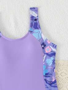 SHEIN 少女碎花连体泳衣，适合游泳、夏季度假、海滩和泳池穿着 - 紫色 - 查看 4