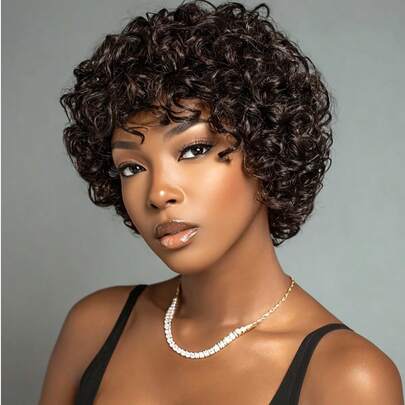 短款非洲卷发假发，150%高密度真人发，蓬松卷曲，适合女性佩戴，棕色卷发蓬松造型，适合初学者，日常佩戴，易于安装，外观自然，柔软有弹性的卷发，非洲卷发，蓬松卷曲质感，非洲风格，休闲时尚，适合派对、夏季节日、婚礼等场合，优雅可爱，易于打理，适合特殊场合，百搭造型，日常佩戴。
