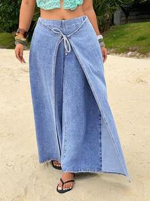 Sunnyshic Jeans de tiro alto, sueltos, de nuevo estilo, con parches y lazo - Azul - Ver 4