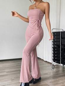 SHEIN EZwear 两件套：莲花粉色褶皱抹胸上衣和喇叭裤 - 藕粉色 - 查看 3