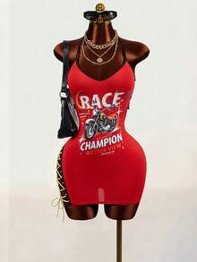 BamGleam Women's Fashion Letter & Motorcycle Graphic Print Lace-Up Camisole Dress - Red - View 1