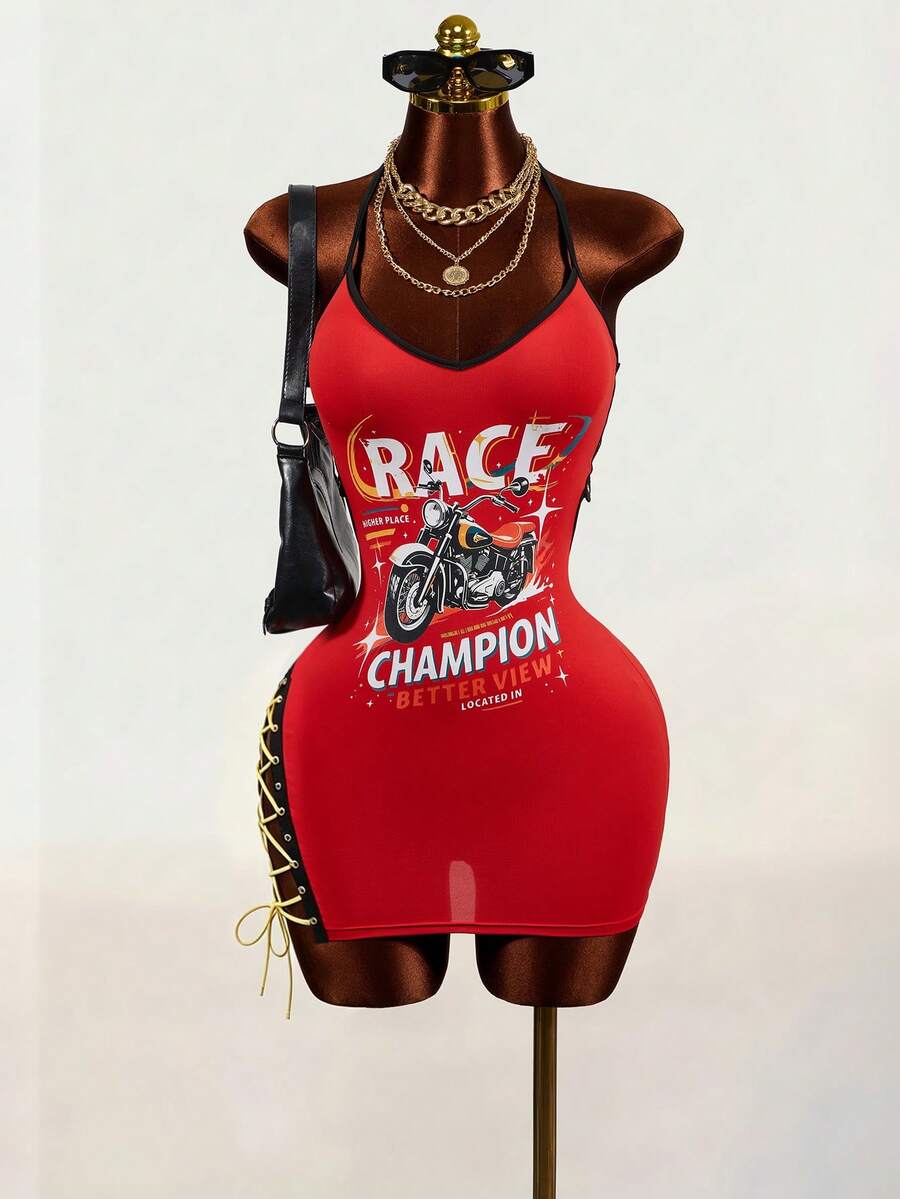 BamGleam Women's Fashion Letter & Motorcycle Graphic Print Lace-Up Camisole Dress - Red - View 1