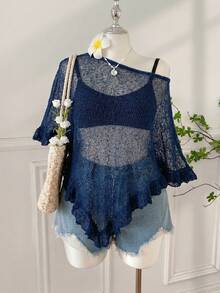 SHEIN EZwear 大码女式不对称下摆休闲套头毛衣，日常百搭 - 藏蓝色 - 查看 1