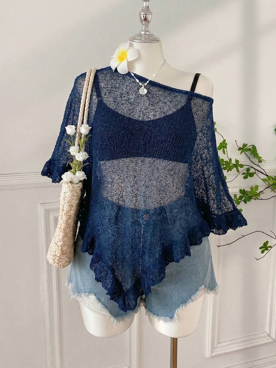 SHEIN EZwear 大码女式不对称下摆休闲套头毛衣,日常百搭 - 藏蓝色 - 查看 1