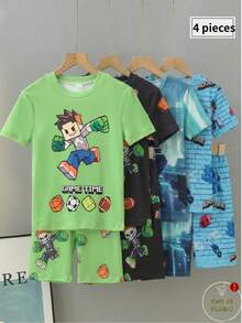 4 Stück/2 Sets Jungen Lustiger Cartoon Muster Strick Kurzarm Top und Shorts Pyjama Set, bequem, hautfreundlich, eng anliegend, geeignet für den Sommer - Verschiedenfarbig - Übersicht 4