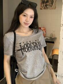 DAZY Women's Letter Print Round Neck Short Sleeve Casual Drawstring T-Shirt - Grey - View 5