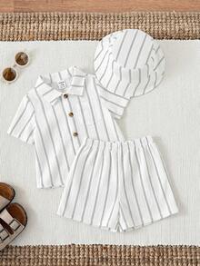 SHEIN Bộ 3 món cho bé trai/bé gái, gồm áo sơ mi ngắn tay kẻ sọc kaki, quần short và mũ chống nắng, thích hợp cho mùa xuân/hè. - trắng - Xem 5