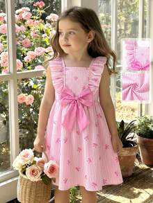 SHEIN Vintaside Kids Đầm bé gái tay loe cổ vuông kẻ sọc dọc, điểm nhấn nơ 3D, họa tiết bướm khắp thân đầm, kiểu Pháp tươi tắn và ngọt ngào, dáng rộng thoải mái, thích hợp cho mùa hè. - Hồng - Xem 5