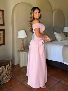 Maria Perezxox 女士优雅不对称下摆长款斜肩夏季连衣裙，粉色 - 粉色 - 查看 5