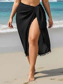 SHEIN Swim Plus Size Solid Color Skirt Cover-Up, Bohemian Style Tassel Beach Wrap - Black - View 4