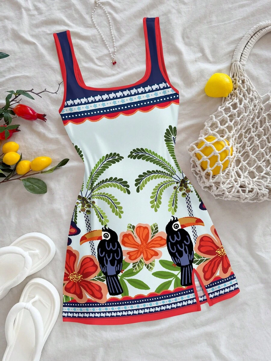 SHEIN WYWH U领露背迷你连衣裙，适合夏季穿着 - 淺藍色 - 查看 1