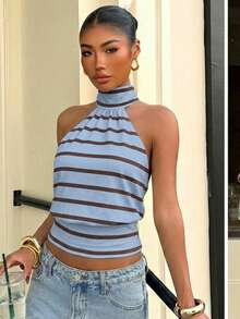 Muchica Women's Polka Dot Turtleneck Zipper Knit Camisole, Sleeveless, Minimalist Sexy Casual, Versatile For Daily Commute, Summer Top Night Out Light Blue - Multicolor - View 5