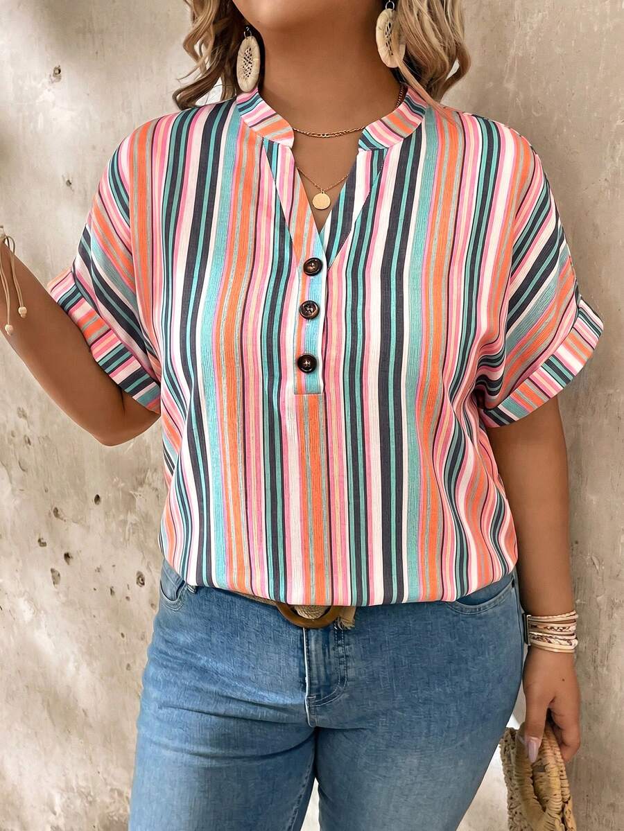 Linhara CURVE Plus Size Colorful Striped V-Neck Shirt With Rolled Up Sleeves - Multicolor - View 1