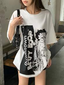 DAZY 女款卡通印花圓領落肩休閒寬鬆大尺寸夏季圖案T恤 - 白色 - 查看 5