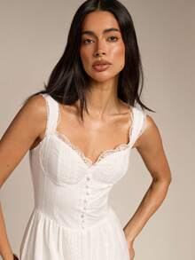 Women's Elegant Spaghetti Strap Deep V-Back Lace Midi Dress, A-Line, Suitable For Spring/Summer Outings, Weddings, Wedding Guests - White - View 6