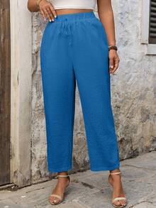 EMERY ROSE Plus Size Casual Cotton Linen Patchwork Embroidered Floral Hem Pants Fall - Blue - View 5