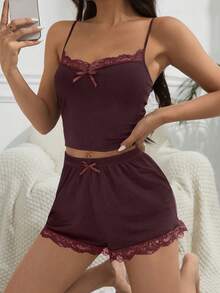 Women's Summer Solid Color Contrast Lace Slim Cropped Camisole And Shorts Pajama Set - Burgundy - View 3