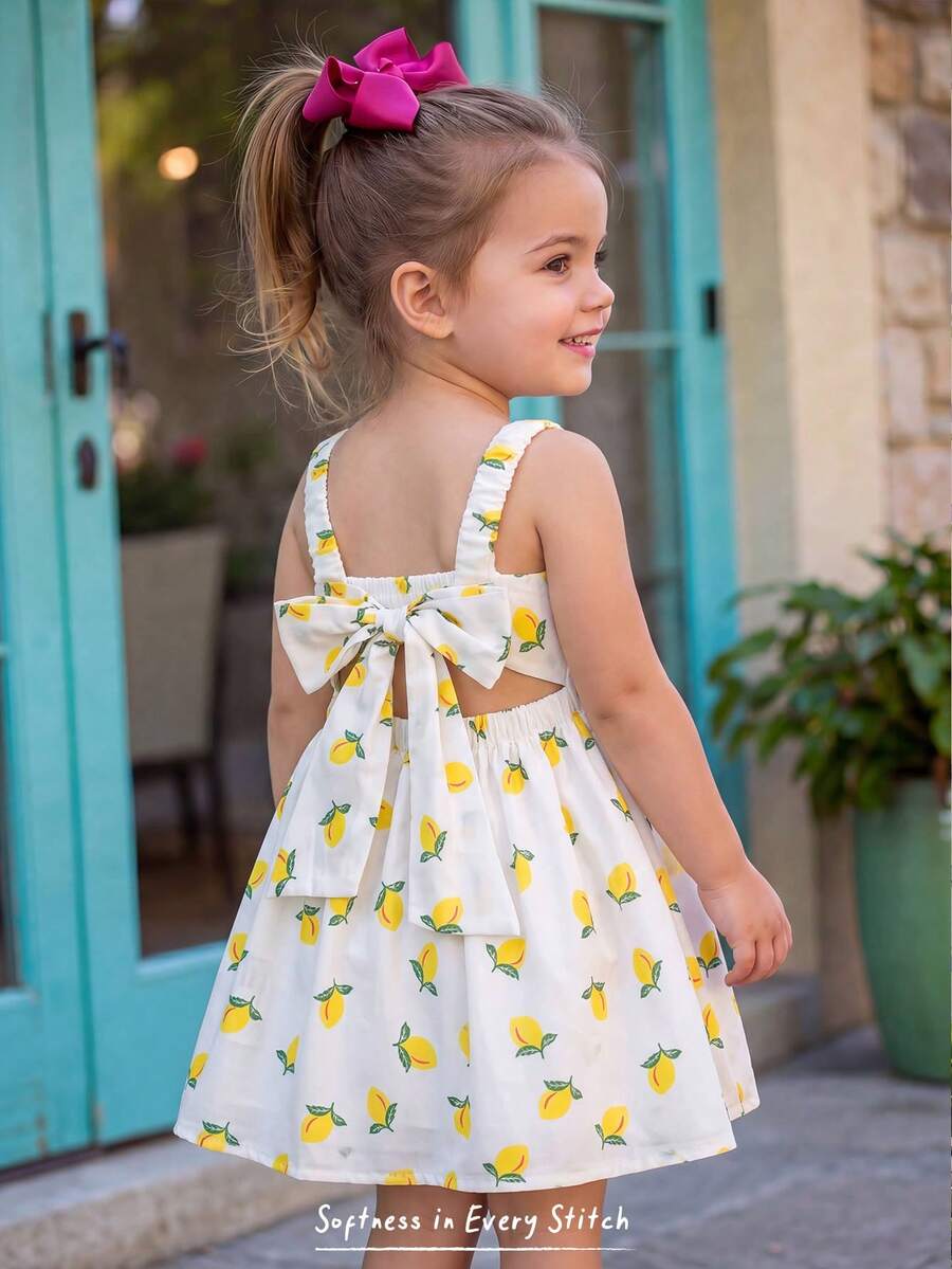 Cozy Pixies 女婴可爱柠檬花卉图案宽松吊带连衣裙，夏季 - 黃色 - 查看 1