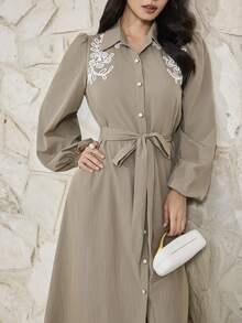 Heiryn Women's Elegant Commuter Floral Embroidered Front Button Long Dress - Grey - View 6