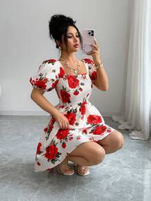 SHEIN Elenzya 女士方领印花褶皱腰身优雅短款派对连衣裙 - 杏色 - 查看 8