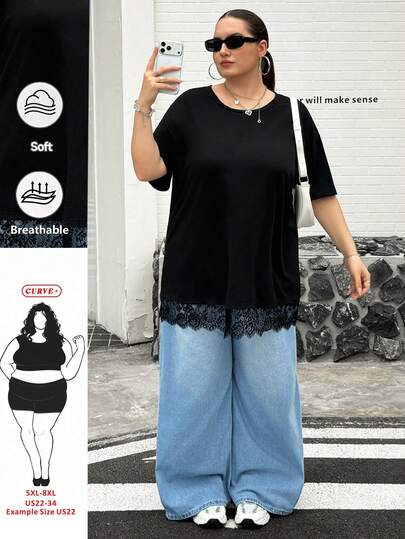 SHEIN CURVE+ Plus Size Women's Spring/Summer Fashion Casual Loose Comfortable Daily Basic Versatile Slim Fit Black Lace Trimmed Short Sleeved Long T-Shirt, Outdoor Top, Plus Size Summer Clothing, Simple Style