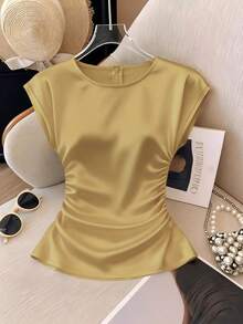 SHEIN Franclia Blusa Elegante Feminina de Gola Redonda, Cintura Marcada, Ajustada, Plissada, de Manga Curta, Versátil, Sólida, na Cor Pêssego Claro - Ganso amarelo - Visão 1