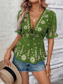 Hotletica Áo kiểu nữ phong cách Bohemian, thêu họa tiết, buộc dây, xếp nếp, thích hợp cho kỳ nghỉ. - xanh quân đội - Xem 3