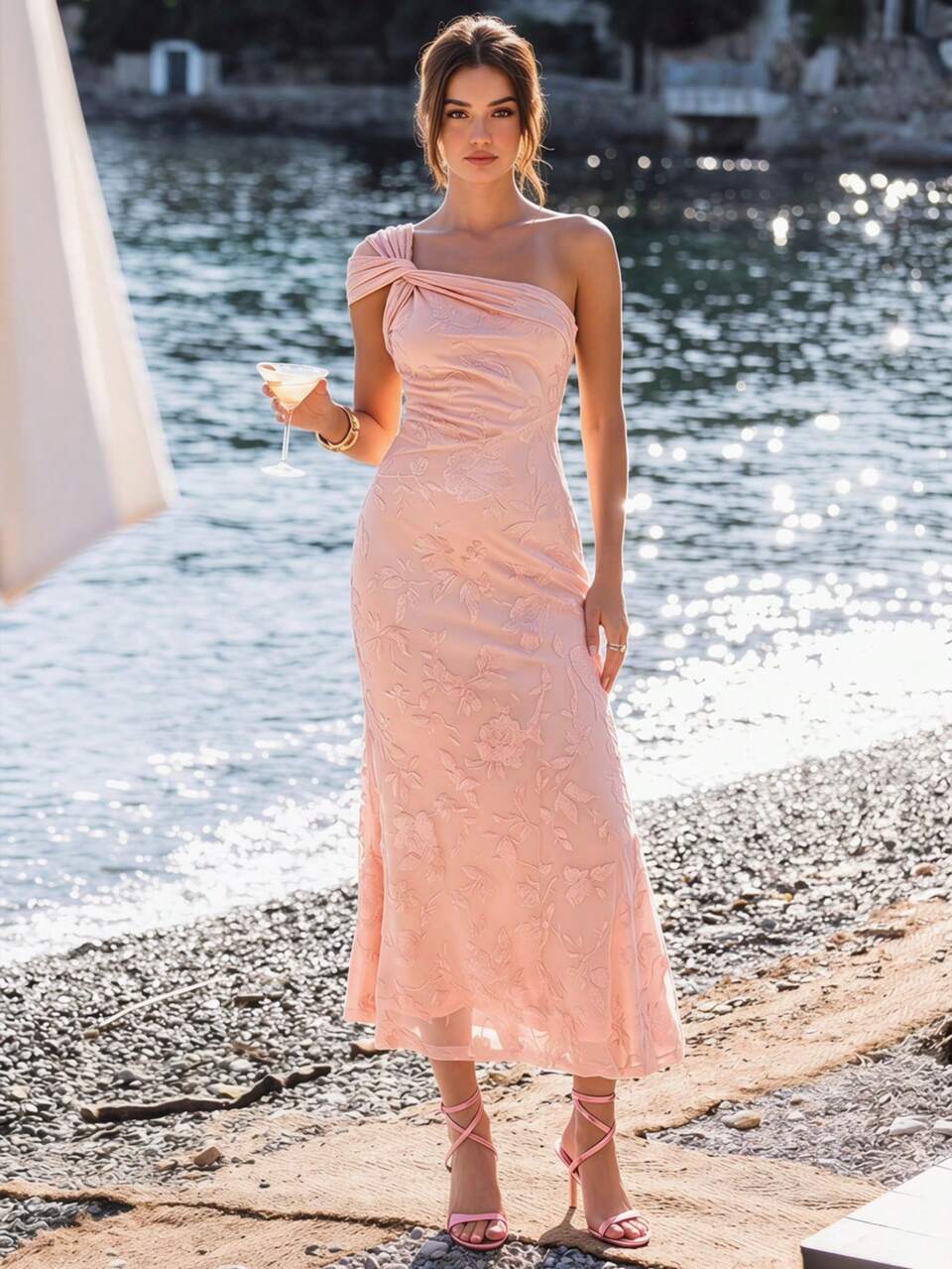 Pink Checkered,Autumn,Elegant,Wedding Ninang Asymmetrical Mermaid Jacquard Knit Maxi Dress,Wedding Guest Graduation Formal Dresses For Women,Pink