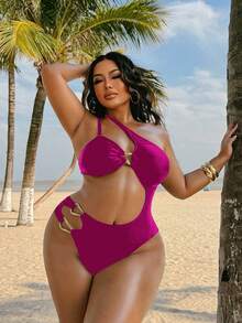 SHEIN Swim SXY Áo tắm liền thân cỡ lớn dành cho nữ, màu nâu trơn, kiểu dáng bất đối xứng với dây đeo vai, phong cách thường ngày đi nghỉ mát. - Màu tím - Xem 4