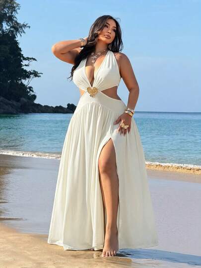 NU&NOW Đầm dự tiệc cỡ lớn, cổ chữ V sâu, kiểu yếm, lãng mạn, gợi cảm, thanh lịch.