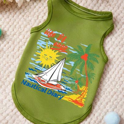 PETSIN 1 chiếc áo vest cho thú cưng dễ thương kiểu dáng thường ngày in chữ hình cây dừa và cánh buồm, màu xanh lá cây nhạt, thoáng khí, chống rụng lông.
