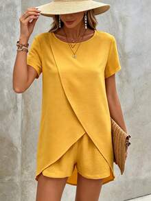 EMERY ROSE Women's Vacation Casual Solid Color Wrap Top And Shorts 2 Pieces Set - Yellow - View 3