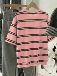 SHEIN EZwear 休闲简约粉棕条纹圆领宽松短袖T恤，适合夏季穿着 - 彩色 - 查看 2