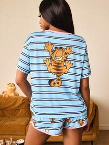 GARFIELD | SHEIN 女士卡通印花短袖T恤和短裤睡衣套装 - 藍色 - 查看 3
