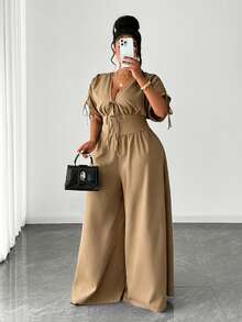 Maweii Plus Size Elegant Short Sleeve V-Neck Drawstring Jumpsuit - Khaki - View 5