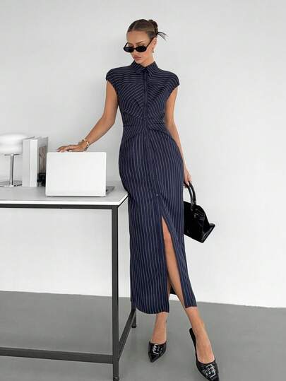 Siren Gaze Elegant Navy Blue Midi Dress Is A New Summer Style For Women. It Features A Stylish Stand-Up Collar, Short Sleeves, A Slit, And A Figure-Hugging Design, Making It A Flattering And Choice For A Professional, Commuter-Friendly Look. Perfect For The Office Work, Back-To-School Season, Teacher's Day, Or Everyday Commuting. Office Dresses For Woman Latest Dress New Arrival Dress For Women Casual