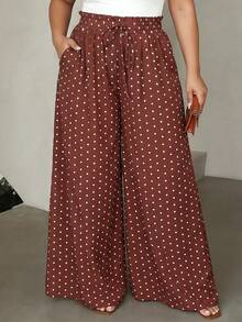 Vionelle Plus Size Women's French Style Casual Elegant Polka Dot Loose Straight Pants - Rust Brown - View 4