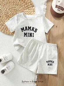 Cozy Pixies Bộ 2 món gồm áo thun ngắn tay cổ tròn in chữ và quần short cạp chun cho bé trai và bé gái, trang phục thường ngày mùa xuân/hè. - Xám - Xem 3
