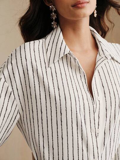 Anewsta Áo sơ mi dài tay dáng suông vai rộng, màu mơ phối sọc cà phê, kiểu dáng vintage mùa xuân, thích hợp mặc đi làm, thiết kế của Niche Design.