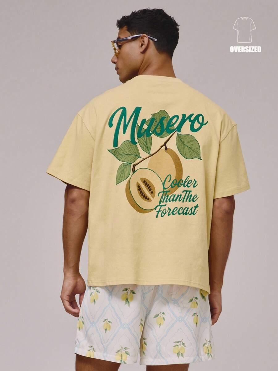 Musero Oversized Crew Neck Short Sleeve Dropped Shoulder Large Back Summery Fruit Graphic Print Tshirt Spring Summer Holiday Essentials - Yellow - View 1
