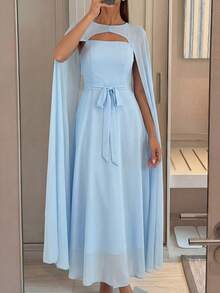 Modelyn Women's Elegant Party Dining Solid Color Hooded Long Dress Baby Blue Autumn - Baby Blue - View 10