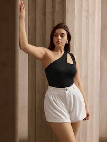 Flouryn New Spring/Summer Asymmetrical Shoulder Brown Fitted Top And Shorts 2 Pieces Set, Plus Size Gym - Multicolor - View 4
