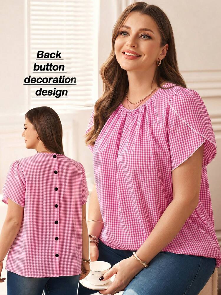 Plus Size Women's Casual Black & White Plaid Short Sleeve Shirt With Button Decor, Spring/Summer