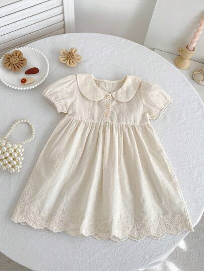 SHEIN Vintaside Kids C003 Summer New Solid Color Embroidered Girls Princess Style Casual Dress