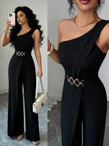 Elenzga Women's Metal Waist Design One-Shoulder Jumpsuit - Black - View 8