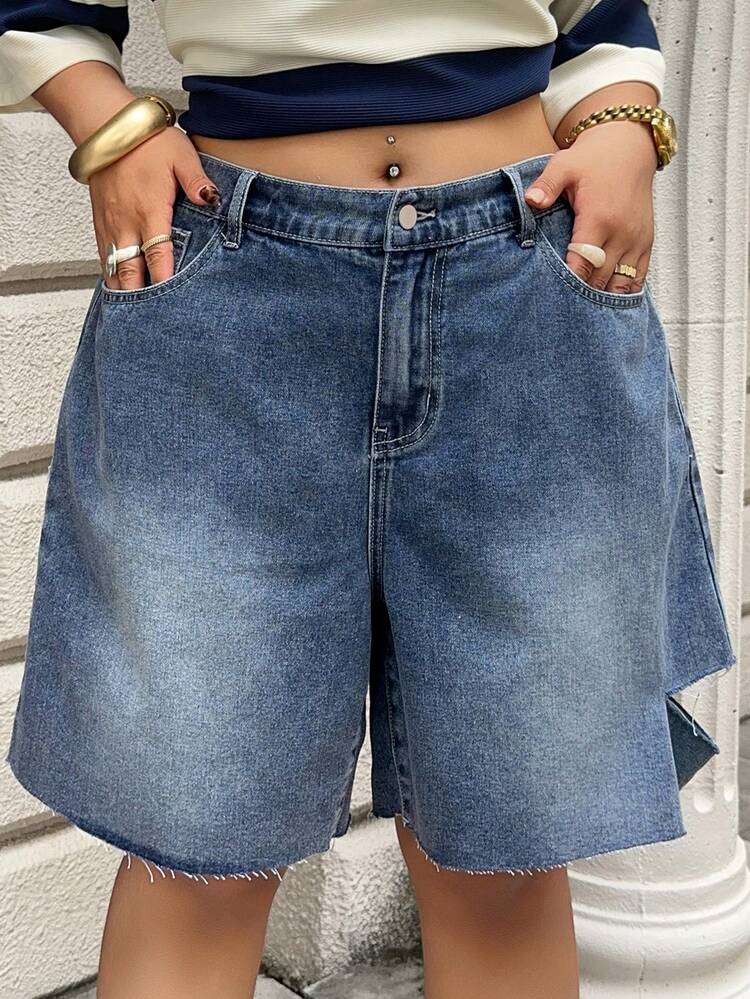 Dazy Plus Plus Size Women's Casual Loose Ripped Wide Leg Jeans Shorts, Western Cowgirl Style, Suitable For Spring/Summer Vacation