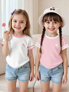 Souflis Souflis 2pcs/Set Young Girl Cute White And Pink Knight Print Contrast Color Round Neck Short Sleeve T-Shirt School Summer Casual - White - View 3