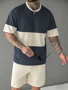 Manfinity Homme Men's Colorblock Casual T-Shirt And Drawstring Waist Shorts Set - Multicolor - View 5