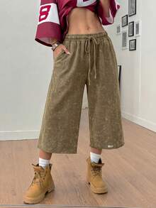 Coolane Women Summer Spring Streetwear Vintage Washed Distressed, Comfortable Denim Effect Black Shorts Wide Leg Capri Pants Loose - Rust Brown - View 5